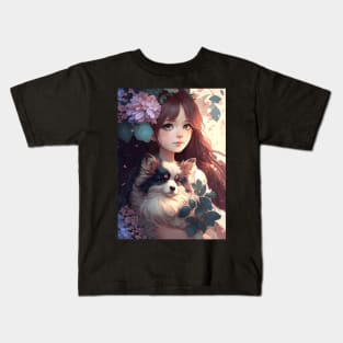 Cute Floral Anime girl With Her Dog Kids T-Shirt